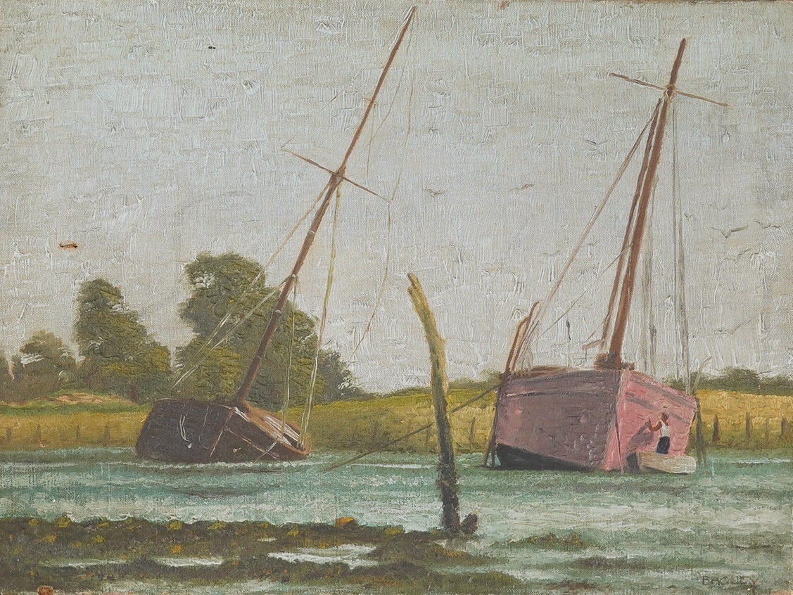 G. S. Bagley, (Rye artist), oil on canvas, Riverscape with boats, signed, 30 x 40cm, unframed. Condition - poor